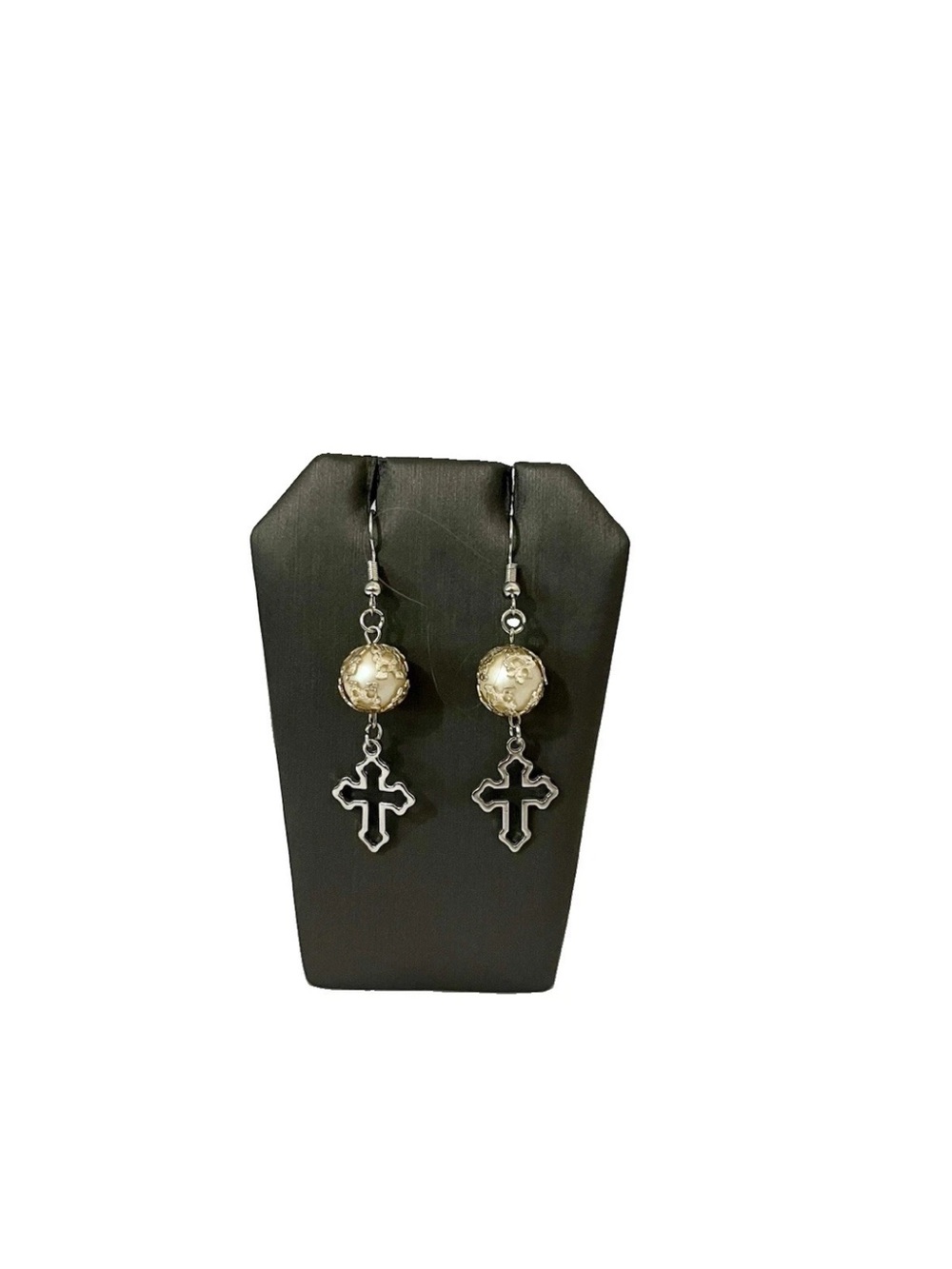 Gothic Silver Hollow Cross Earrings Filigree Bead Dangle Alt Aesthetic Jewelry